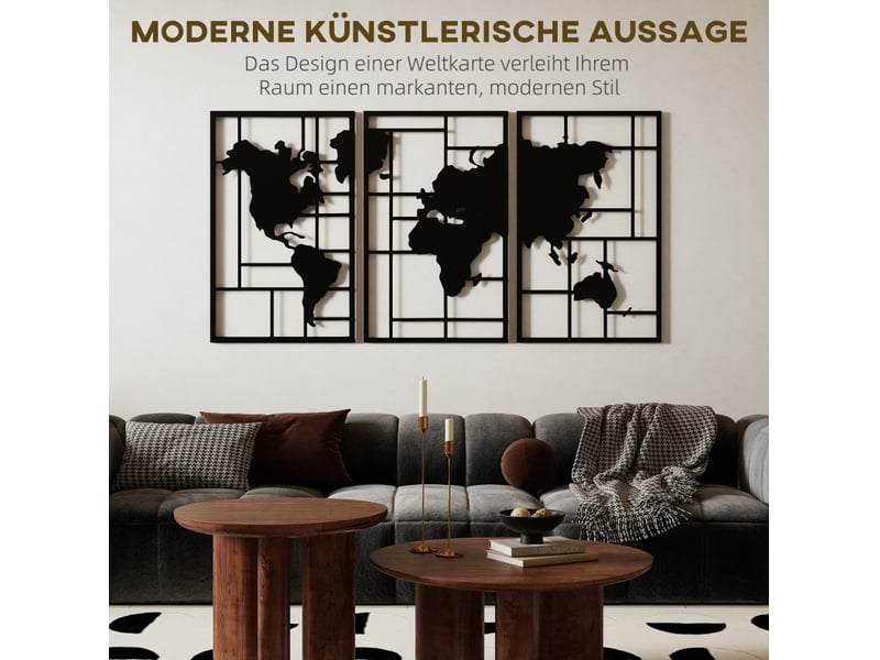  Décoration murale en métal 3 pièces 150 x 80 cm noire, carte du monde avec crochets préinstallés pour intérieur  - Conforama E