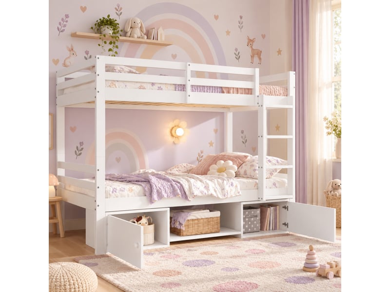Lit superposé enfant 90 x 200 cm, séparable en 2 lits simples, étagères, meuble à chaussures, casiers de rangement, blanc - Conforama D