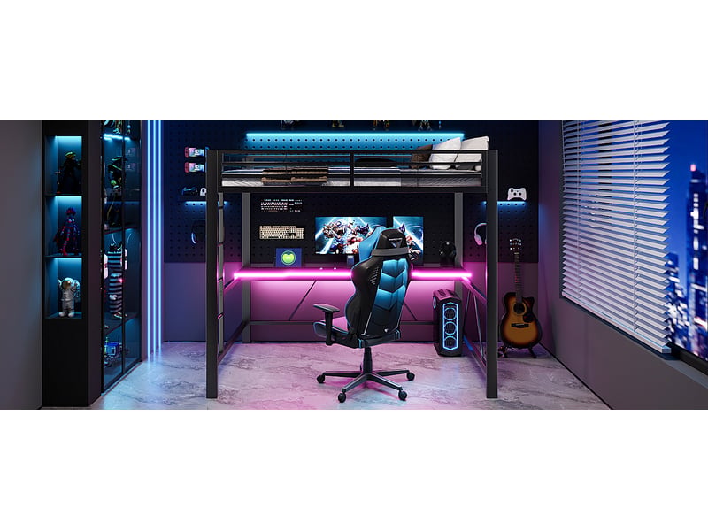  Lit mezzanine double 140×200 cm avec bureau, led, usb et étagères - okmyhome- métal noir, sans matelas  - Conforama E