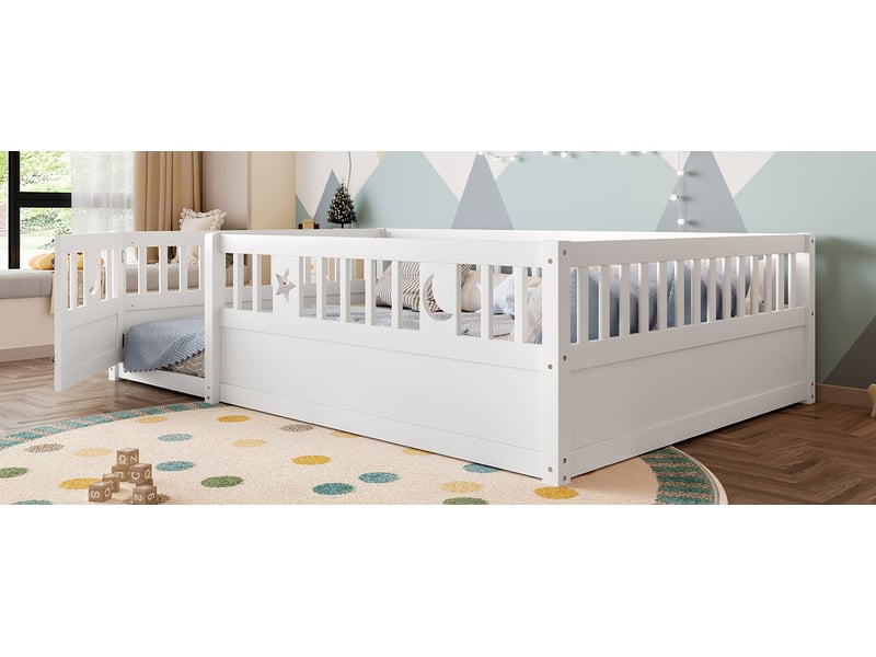  Lit enfant à barrières 140x190 cm en pin blanc avec décor étoiles et lune  - Conforama W