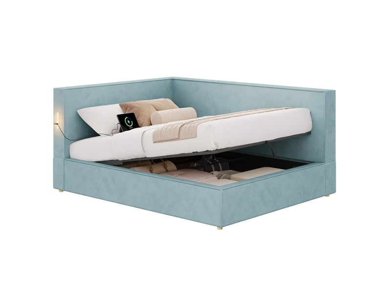  Lit coffre 140x200 cm, sommier à lattes, ouverture hydraulique, led, usb et usb-c, velours bleu, sans matelas  - Conforama A