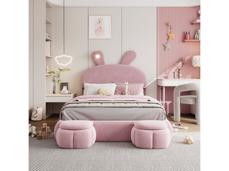  Lit coffre 140x200 cm, lit double enfant et design oreilles de lapin avec led, en velours, sommier à lattes avec 2 poufs de rangement, rose  - Conforama C