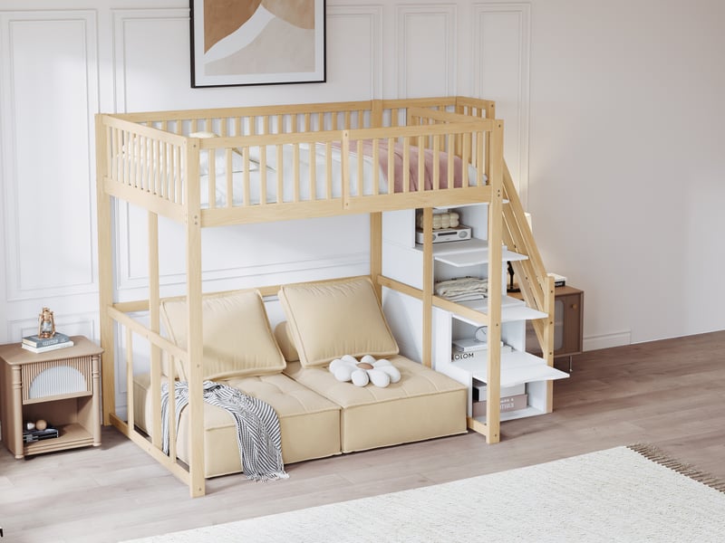  Lit mezzanine 140x200 cm avec échelle de rangement, cadre de lit adulte en pin avec sommier à lattes, lit double, bois naturel  - Conforama W