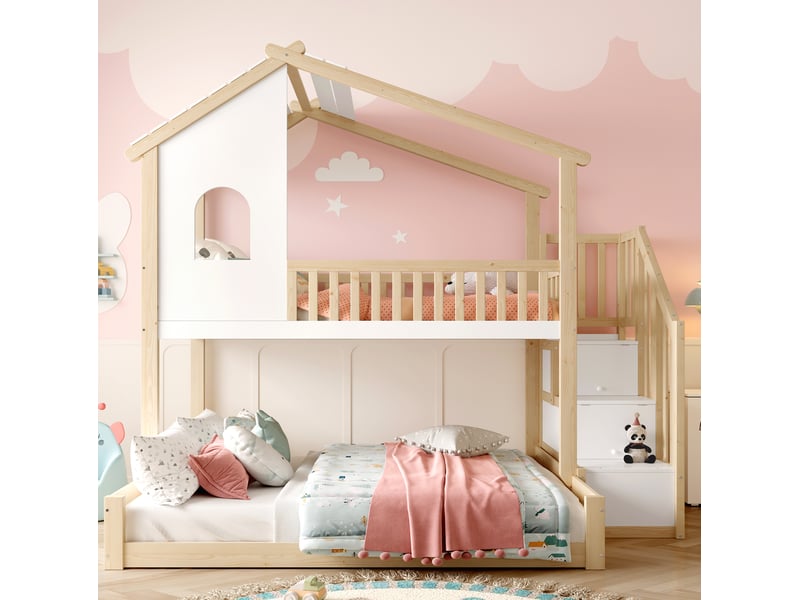 Lit superposé enfant 90x200 et 140x200 cm avec escalier de rangement, naturel et blanc - Conforama D