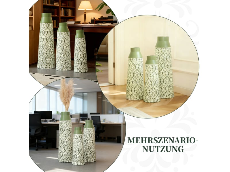  Lot de 3 vases de sol 61,5, 51 et 43,5 cm verts en métal, motif rétro pour fleurs séchées et pampas  - Conforama B