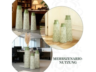 Lot de 3 vases de sol 61,5, 51 et 43,5 cm verts en métal, motif rétro pour fleurs séchées et pampas