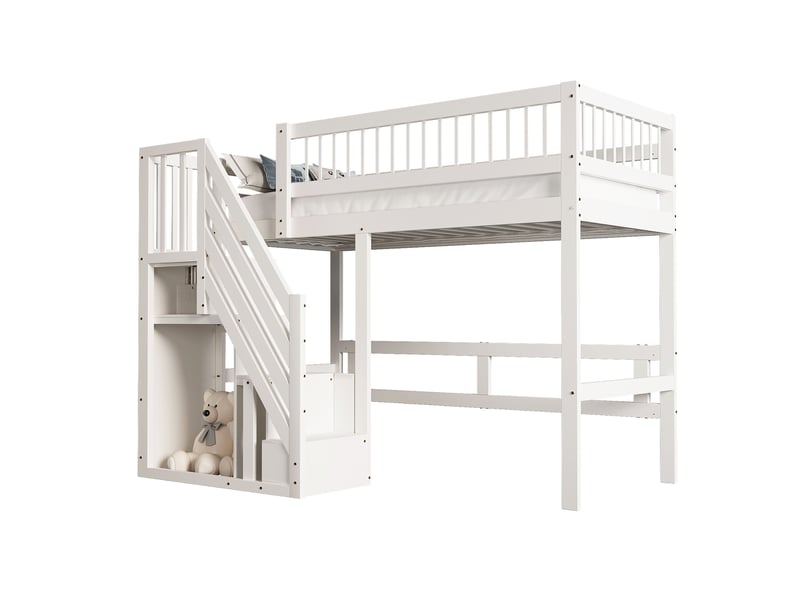Lit mezzanine en bois massif avec escalier de rangement, lit enfant 90x200 blanc, cadre robuste et sécurisé pour chambre ado - Conforama E
