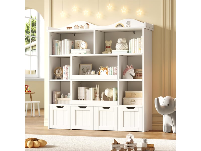 Bibliothèque enfant 120x30x131 cm, meuble de rangement pour jouets, 4 tiroirs, étagères de rangement, rangement ouvert, mdf blanc CozyNest - Conforama D