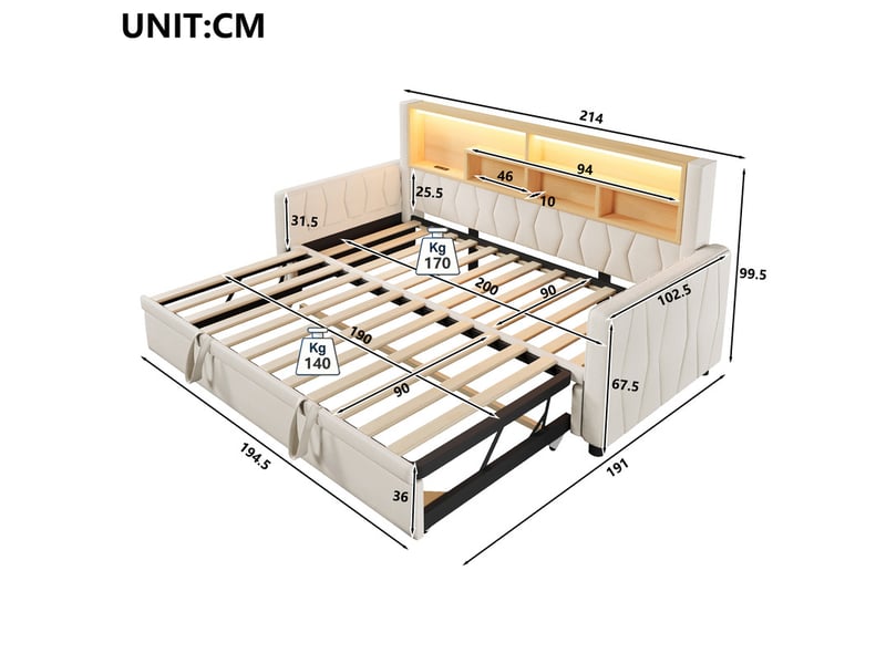 Lit de jour, 90 × 200 cm, lit extensible multifonctionnel avec bande lumineuse led et prise électrique, revêtement en lin, beige - Conforama C