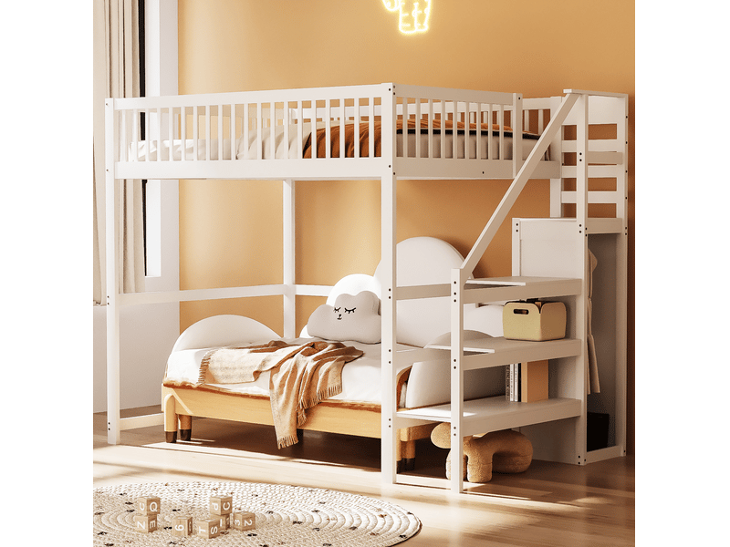  Lit mezzanine enfant 140x200 cm avec rangements, coloris blanc  - Conforama E