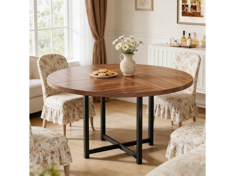  Table de salle à manger ronde 4 à 6 personnes en métal et bois diamètre 120 cm noir et marron  - Conforama B