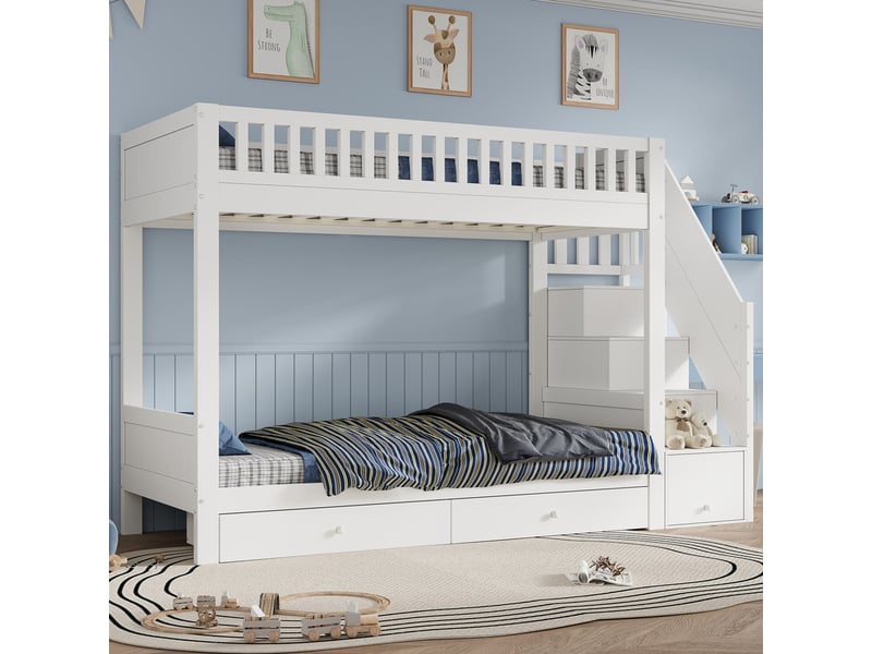  Lit superposé enfant 90x200 cm - avec 2 tiroirs - avec escalier de rangement - avec garde-corps - blanc (sans matelas)  - Conforama R