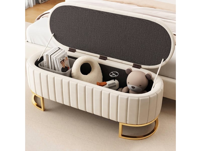  Banc de rangement beige 120 cm en velours avec coffre, bout de lit et pieds en métal  - Conforama D