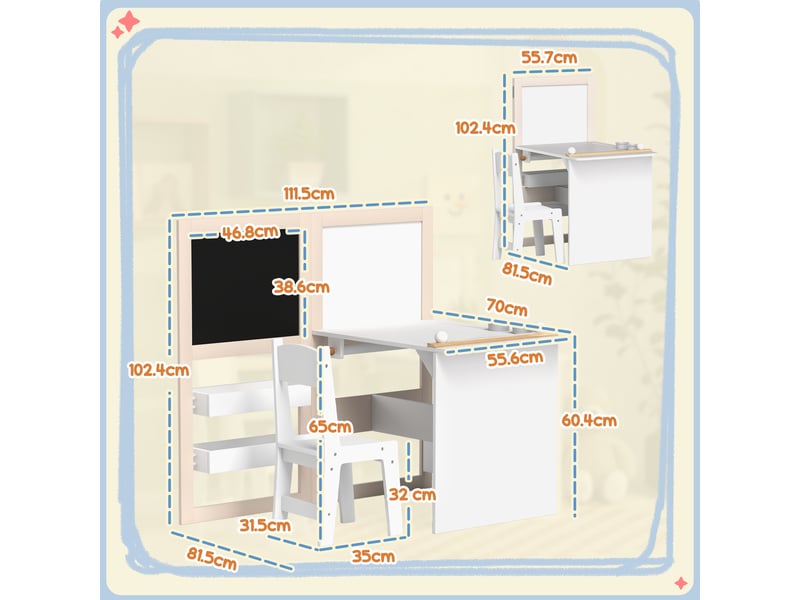  Ensemble table et chaises pour enfants de 3 à 8 ans avec tableau noir, tableau blanc, boîtes de rangement et rouleau de papier, blanc  - Conforama D