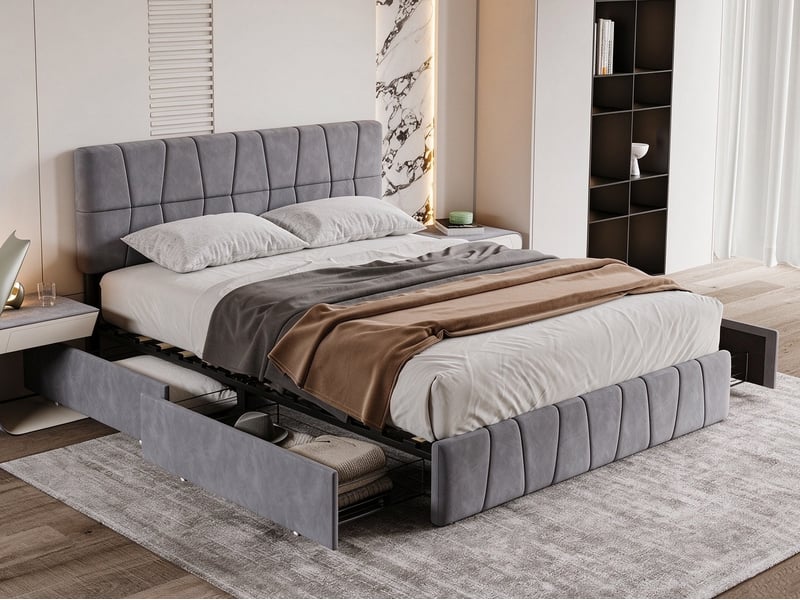  Lit double 160x200 lit double rembourré en velours style minimaliste, lit double avec rangement équipé de 4 tiroirs latéraux à roulettes, cadre métallique, lit 2 places adulte design nordique - capacité de charge 300 kg - gris  - Conforama B