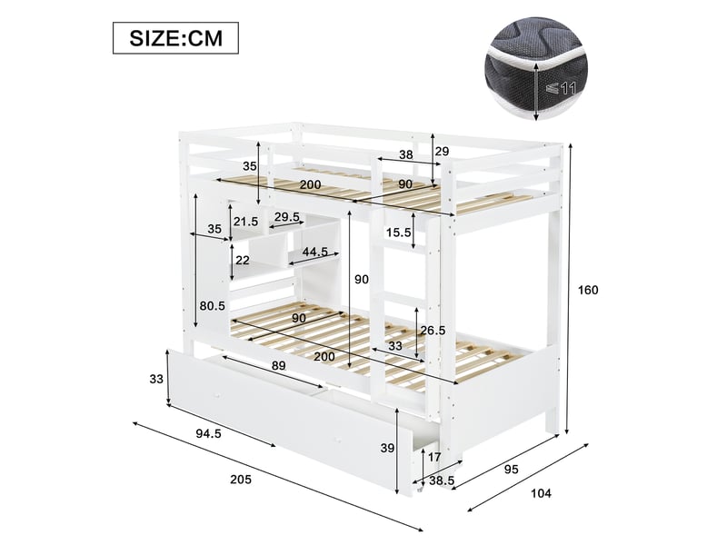  Lit superposé enfant 90 x 200 cm blanc avec 2 tiroirs, étagère ouverte et échelle  - Conforama E