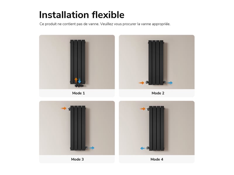  Emke radiateur à eau chaude, radiateur plat seule couche connexion centrale, montage mural vertical design, noir 90x30cm, 297w  - Conforama D
