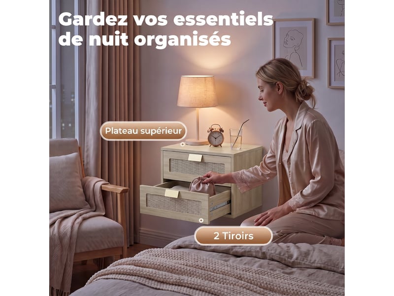  Lot de 2 tables de chevet murales, tables de nuit suspendues avec 2 tiroirs et plateau à effet rotin, chêne  - Conforama E
