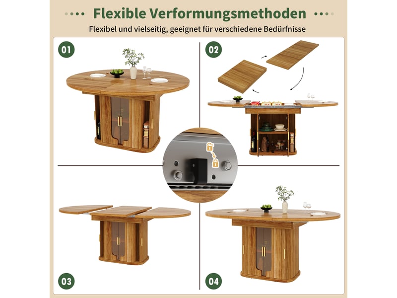  118-158 noyer table à manger extensible avec rangement, design moderne, structure fonctionnelle pour cuisine et salle à manger  - Conforama E