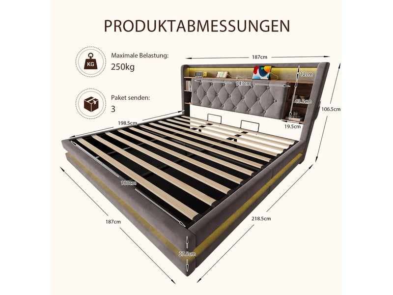  Lit coffre 2 places 180x200 cm en velours gris foncé avec led, usb et tête de lit multifonction, sans matelas  - Conforama C