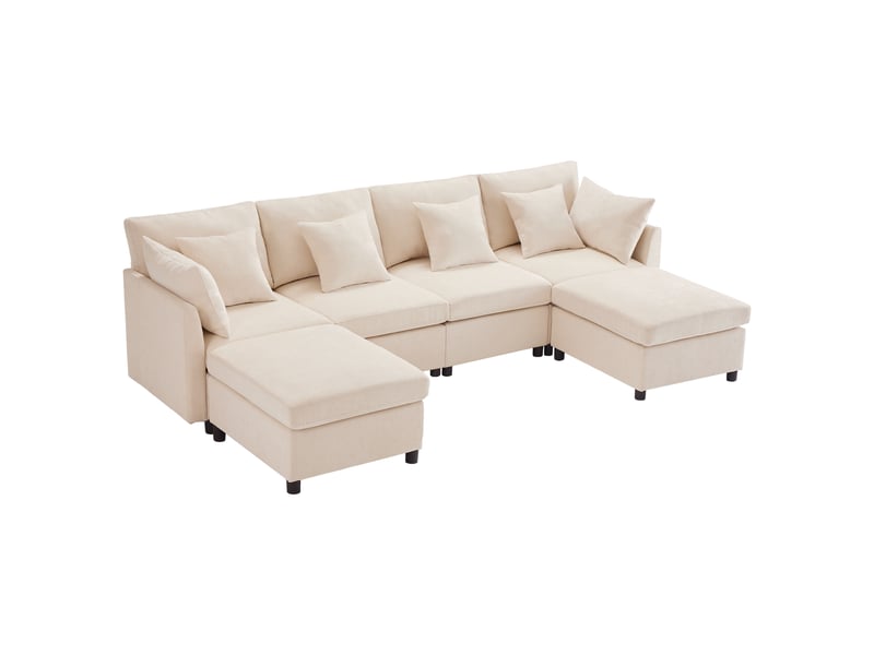  Canapé modulable 4 à 6 places 278x161x81 cm, configurable en u ou l, avec 2 poufs mobiles, 6 coussins, assise profonde, tissu chenille,beige  - Conforama A