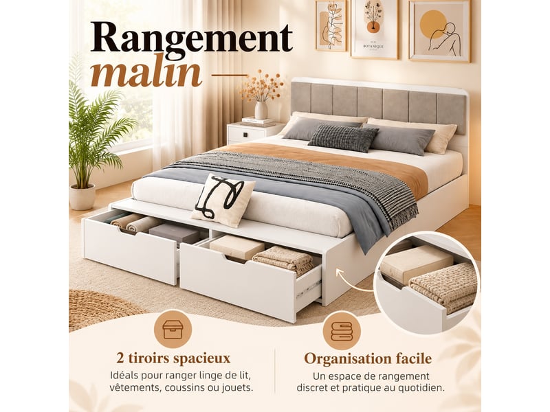  Lit jeune lit 140x200 cm lit capitonné avec 2 tiroirs de rangement lit enfant à lattes en bois lit double blanc  - Conforama D