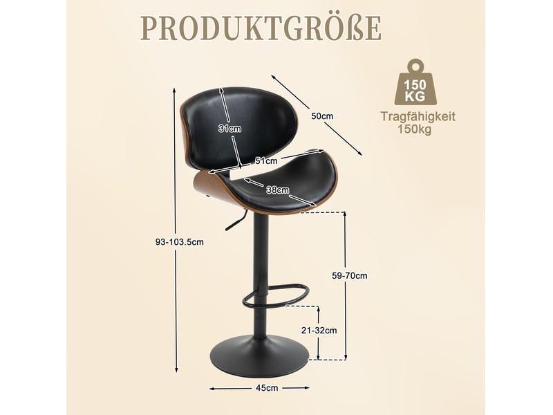  Tabouret de bar pivotant et réglable en hauteur avec dossier ergonomique et repose-pieds, en pu noir  - Conforama D