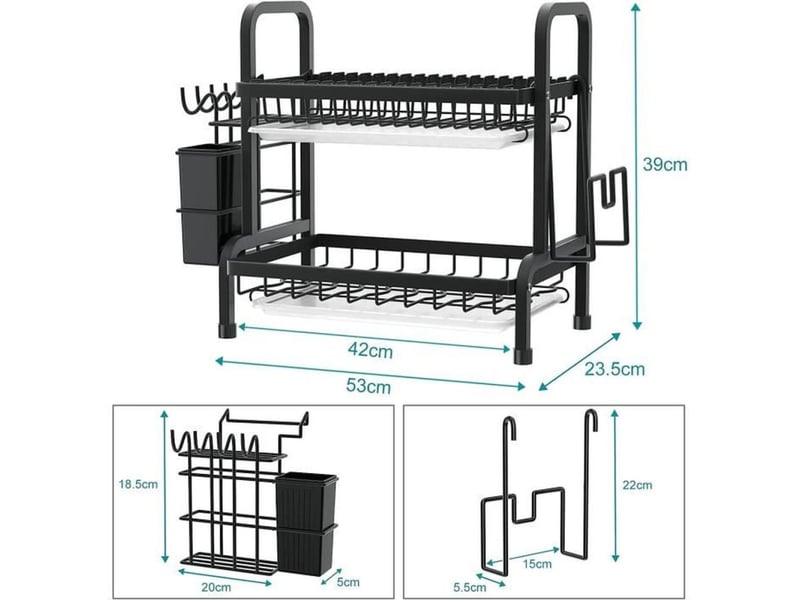  Egouttoir vaisselle 2 niveaux inox 304 noir avec bac et porte couverts  - Conforama B