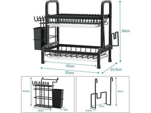 Egouttoir vaisselle 2 niveaux inox 304 noir avec bac et porte couverts