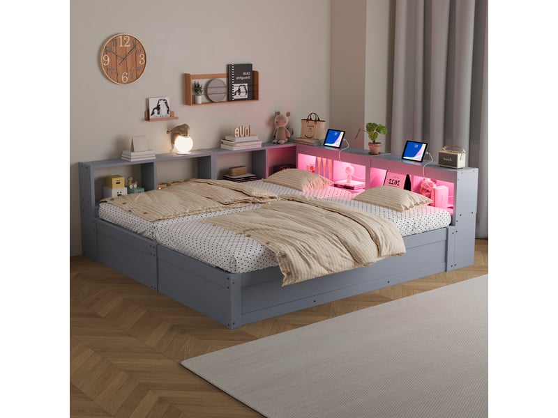 Canapé-lit 90180x200 cm, lit enfant, couchage d'appoint, rangement hydraulique, led, bois gris, prise intégrée - Conforama D
