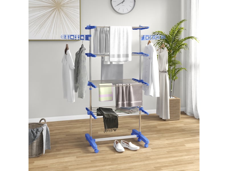 Séchoir à linge étendoir pliable ailes latérales utilisation intérieure et extérieure 142 x 55 x 172 cm 4 niveaux bleu - Conforama B