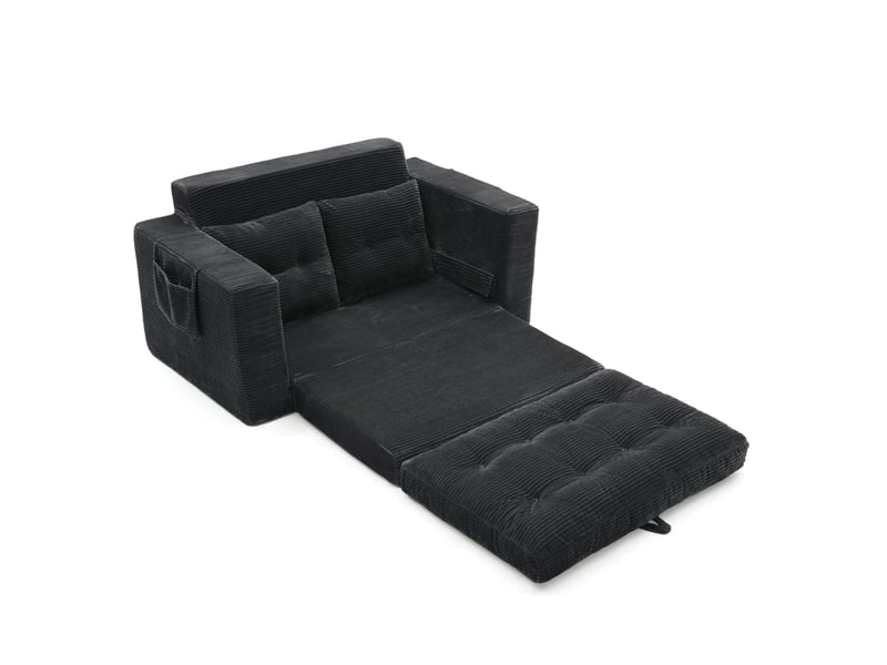  Canapé convertible 2 places 140x85x67 cm noir en velours côtelé, poches latérales et porte-gobelet  - Conforama D