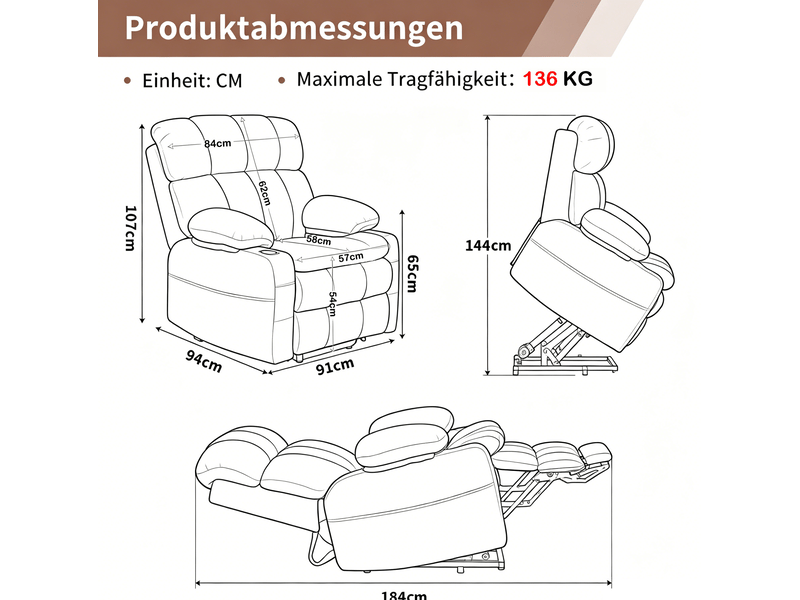  Fauteuil tv inclinable électrique à deux moteurs 91x94x107 cm avec fonction releveur, massage et chauffage, métal, gris  - Conforama E