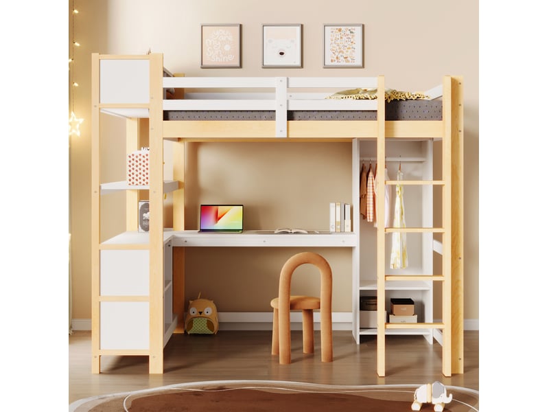 Lit mezzanine 140x200 cm avec bureau, étagères et armoire en pin et mdf - Conforama C