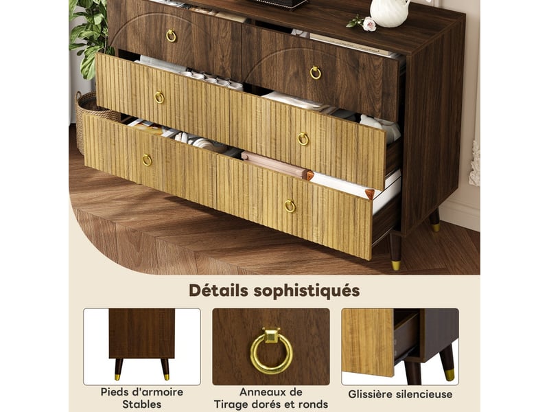  Buffet moderne, 6 tiroirs, aspect bois, meuble à tiroirs, meuble de rangement, commode, adapté pour salonsalle à mangerentrée  - Conforama E