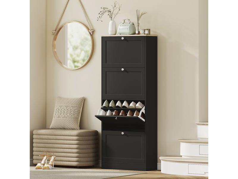  Meuble à chaussures 24 paires, armoire à chaussures avec 4 tiroirs rabattables, étagères réglables, 60x23,5x153cm, noir  - Conforama C