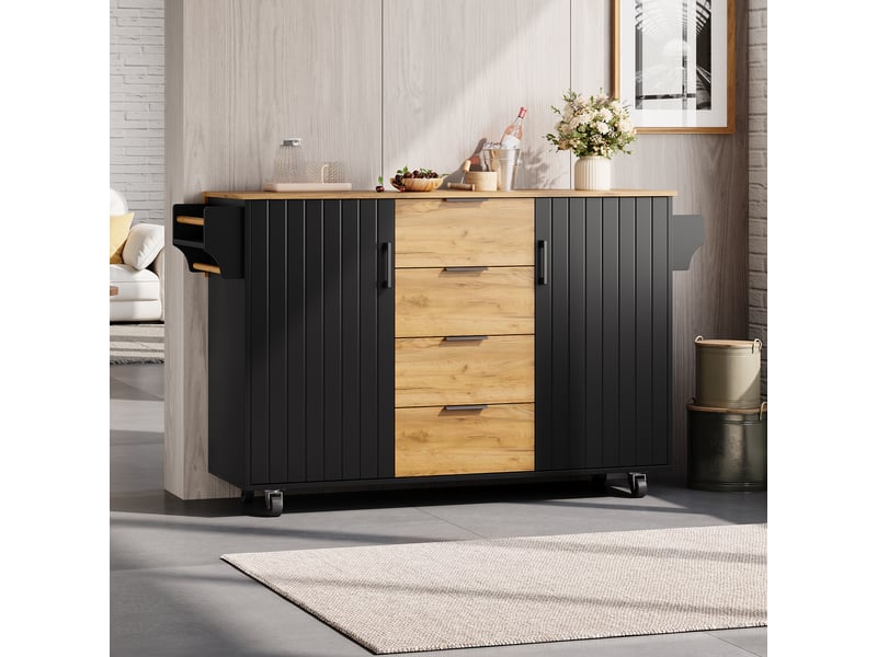  Îlot de cuisine roulant avec plan de travail rabattable, 4 tiroirs, mdf noir et bois 120 x 70 x 90 cm  - Conforama R
