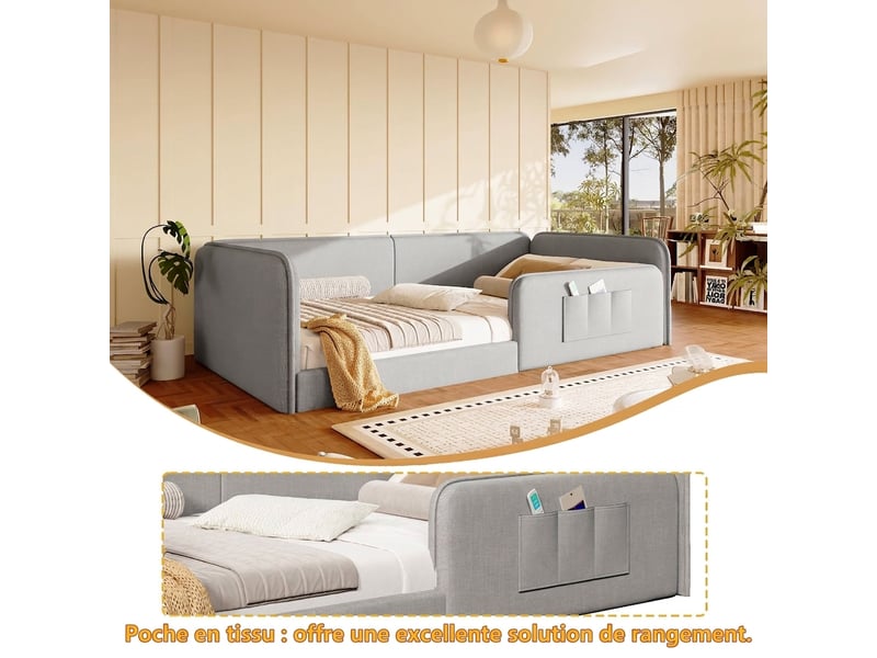  Lit plateforme 90x200 en lin gris - cadre bas sécurisé avec poches de rangement  - Conforama D