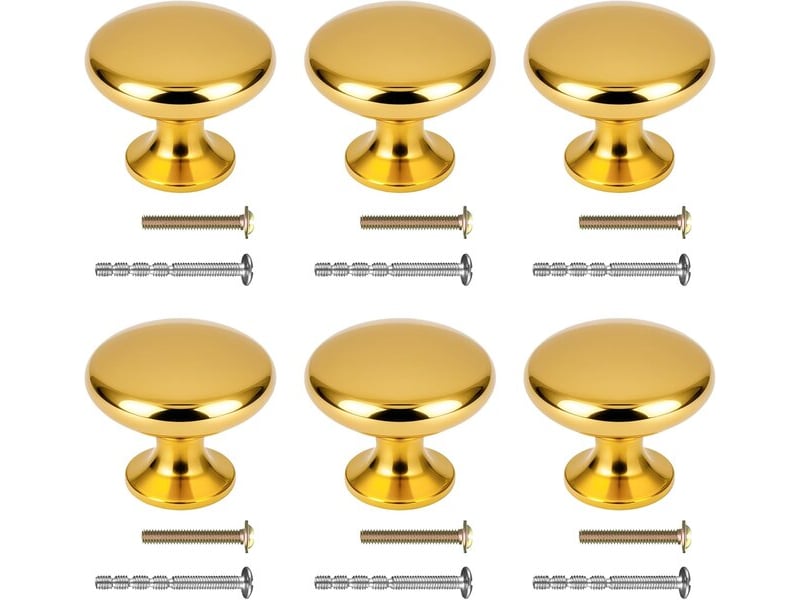  Jeu de 6 boutons ronds en doré poli de 25x30 mm, tirateurs modernes pour portes et tiroirs avec vis  - Conforama B