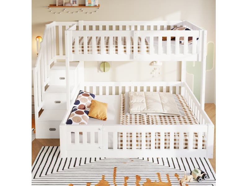  Lit superposé 90x200 et 140x200 cm blanc avec escalier de rangement  - Conforama E