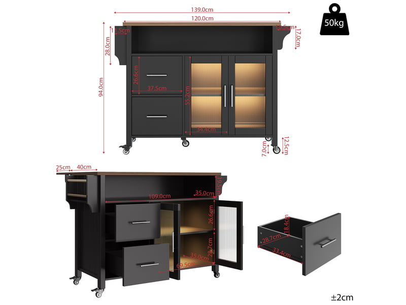  Îlot de cuisine noir avec plateau rabattable, portes en verre changhong, éclairage led intégré et porte-serviettes latéral  - Conforama R