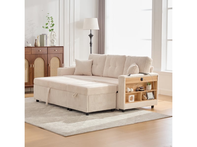  Canapé convertible en velours côtelé avec rangement, lit d'appoint, port usb-c et éclairage led pour salon  - Conforama D