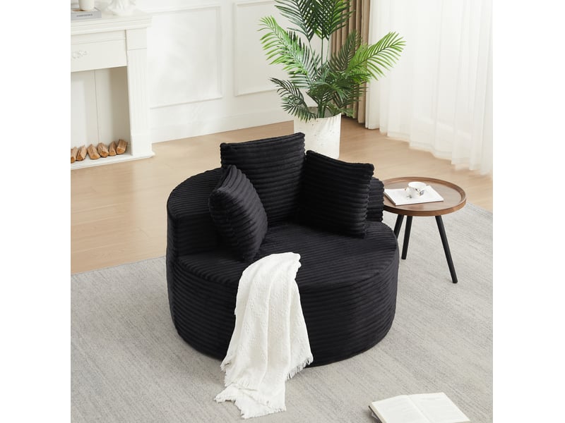  Fauteuil rond modenvie en velours côtelé noir 110 x 110 x 82 cm avec 3 coussins  - Conforama E
