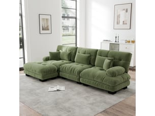 Canapé nuage d'angle modulable 3 places 313x145x81 cm avec pouf mobile, assise profonde, accoudoirs arrondis, chenille vert