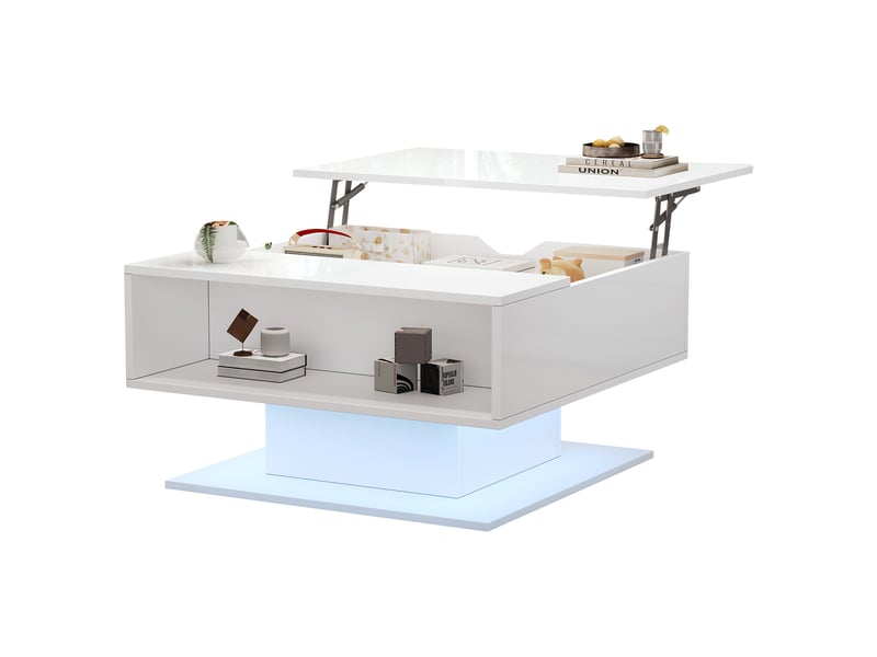  Table basse relevable avec led et rangement - lpospi - plateau brillant en panneaux de particules blanc 80 × 75 × 40 cm  - Conforama A