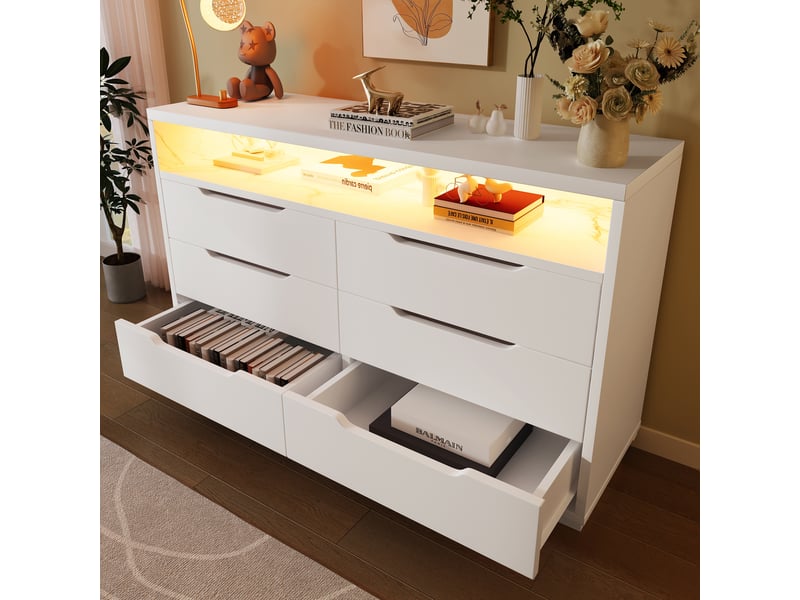  Commode blanche 120 cm, 6 tiroirs, niche décor marbre et led Fay Lum - Conforama D