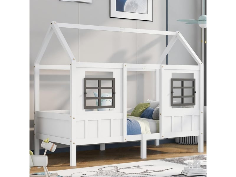  Lit cabane enfant avec fenêtres de sécurité, lit simple en pin et mdf, 90 x 200 cm, blanc  - Conforama E