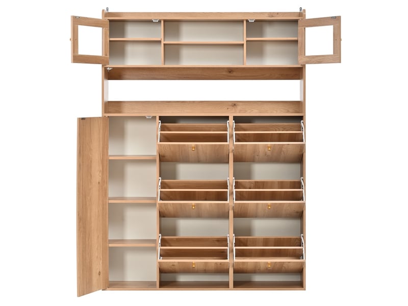  Meuble à chaussures avec led et vitrine – 130 x 25 x 180 cm – 6 abattants modulables et 1 porte verre – mdf - naturel  - Conforama A