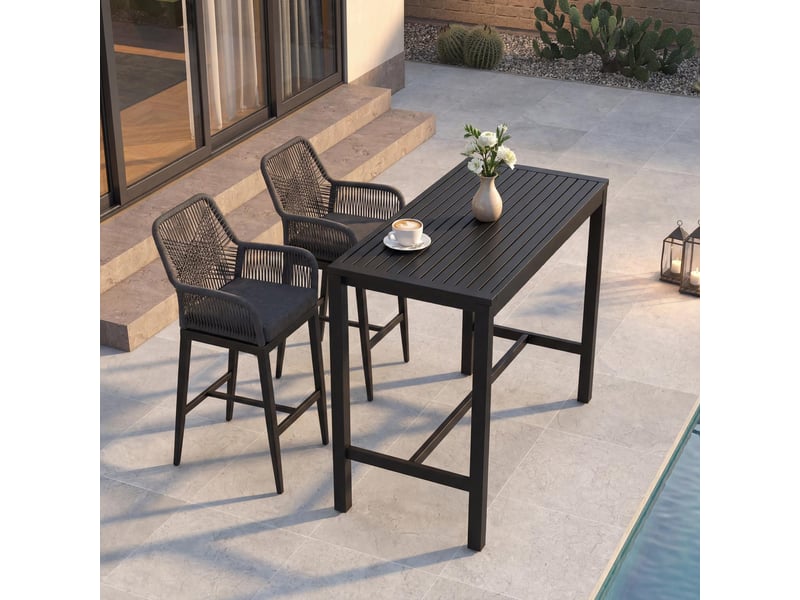 Ensemble table de bar + 2 tabourets de bar hwc-p91, chaise de bar, table haute, coussin d'assise d'extérieur, tressage en corde, métal ~ anthracite  - Conforama B