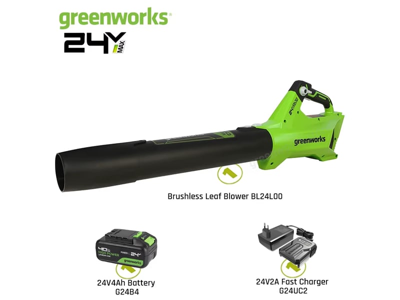  Greenworks – souffleur de feuilles sans fil, moteur sans balais 24v, 110 mph 450 cfm 125 + outils compatibles, souffleur axial avec batterie 4ah  - Conforama A